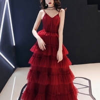 Burgundy tulle long prom gown formal dress - Thumbnail 5