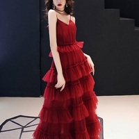 Burgundy tulle long prom gown formal dress - Thumbnail 1
