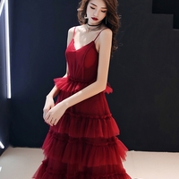 Burgundy tulle long prom gown formal dress - Thumbnail 2