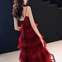Burgundy tulle long prom gown formal dress - Thumbnail 3