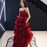 Burgundy tulle long prom gown formal dress - Thumbnail 4