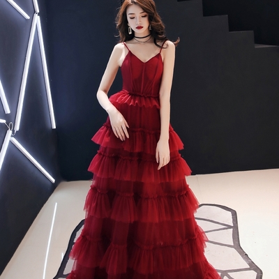 Burgundy tulle long prom gown formal dress - Thumbnail 4
