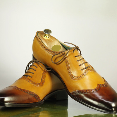 Bespoke men's tan & brown shoes, men's leather wing tip lace up casual shoes. - Thumbnail 2