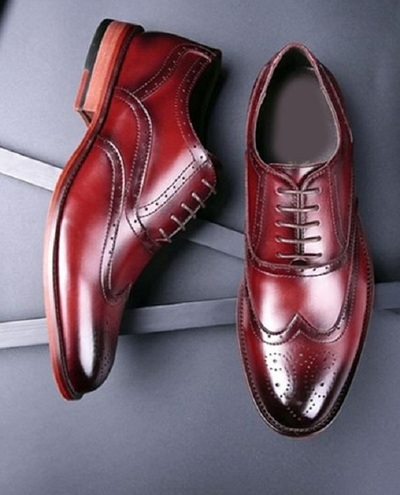 Handmade Men's Burgundy Leather Wing Tip Brogue Lace Up Shoes, Men Designer Shoe