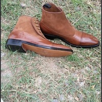 Handmade Men Tan Brown Leather Button Boots, Ankle Leather Button Boots - Thumbnail 1