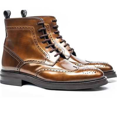 High ankle genuine patent leather brown wing tip full brogue toe handmade lace up boots - Thumbnail 2