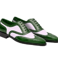 Handmade Men's Two Tone White Green Leather Wing Tip Brogue Designer Dress Shoes - Thumbnail 4