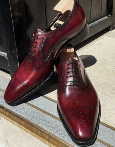 Burgundy Brogue Western Style Handmade Party Wear Lace Up Shoes