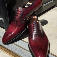 Burgundy Brogue Western Style Handmade Party Wear Lace Up Shoes - Thumbnail 1