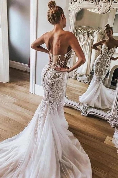 Sexy Mermaid Sweetheart Ivory Strapless Wedding Dresses with Lace