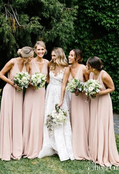 Simple V Neck Light Blush Bridesmaid Dresses