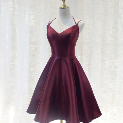 Burgundy v neck satin short prom dress party dress - Thumbnail 5
