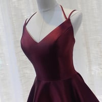 Burgundy v neck satin short prom dress party dress - Thumbnail 1