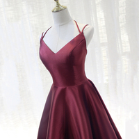 Burgundy v neck satin short prom dress party dress - Thumbnail 2