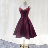 Burgundy v neck satin short prom dress party dress - Thumbnail 3