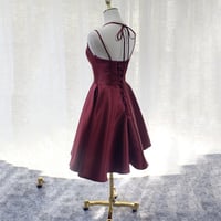 Burgundy v neck satin short prom dress party dress - Thumbnail 4