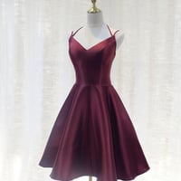 Burgundy v neck satin short prom dress party dress - Thumbnail 5
