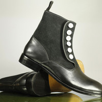 Handmade Men Fashion Elegant Black Boots, Ankle Button Boot Men's Boot - Thumbnail 2