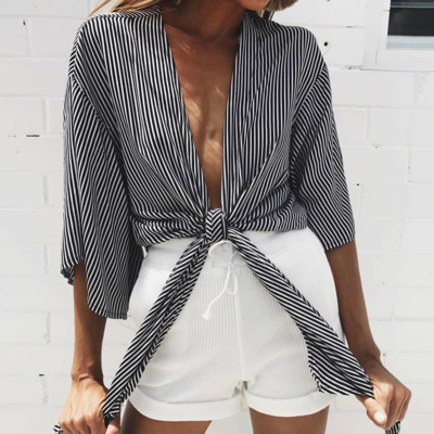 Stripes plunge v half sleeves tie front top - Thumbnail 4
