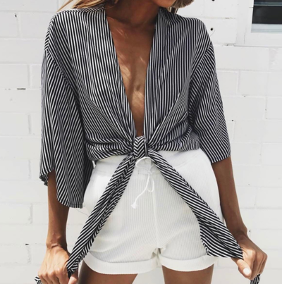 Stripes Plunge V Half Sleeves Tie Front Top