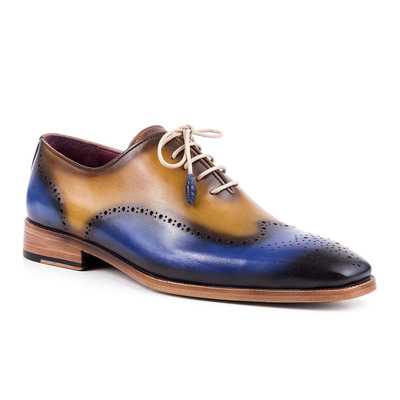 Spectator blue and tan wing tip burnished brogue toe vintage leather lace up handmade shoes