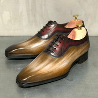 Patina Hand Painted Oxford Genuine Leather Two Tone Tan Maroon Derby Toe Lace Up Shoes - Thumbnail 1