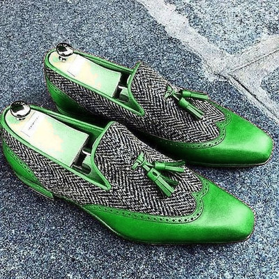 Wing Tip Green Black Tassel Loafer Slip On Tweed Genuine Leather Derby Toe Handmade Shoes