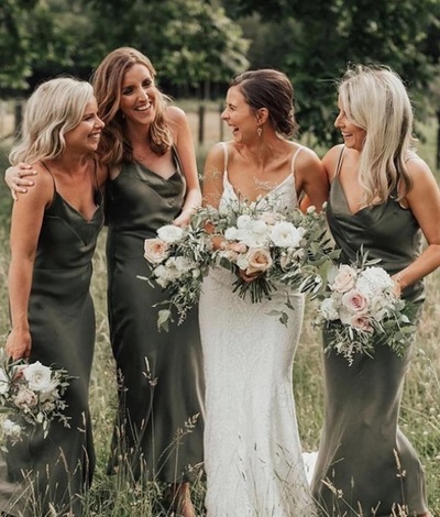 Sheath Olive Satin V Neck Long Bridesmaid Dresses For Wedding, Spaghetti Straps Slip Bridesmaid Dresses