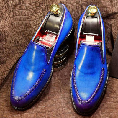 Mens handmade blue leather loafers slips on western wear shoes