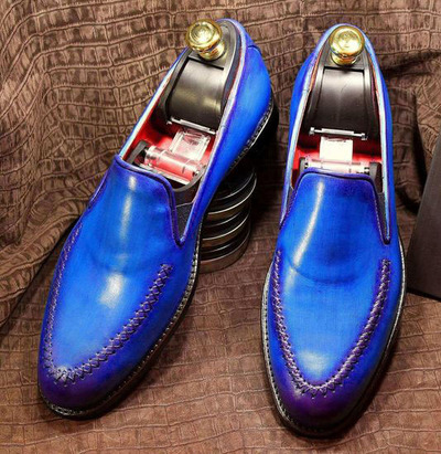Mens Handmade Blue Leather Loafers Slips On Western Wear Shoes
