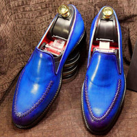 Mens Handmade Blue Leather Loafers Slips On Western Wear Shoes - Thumbnail 4