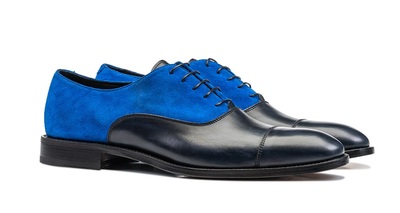 Oxford Blue Suede Black Genuine Leather Derby Cap Toe Handmade Lace Up Formal Shoes