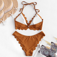 Scallop Trim Halter Padded Bikini Set - Thumbnail 4