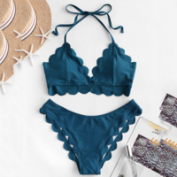 Scallop Trim Halter Padded Bikini Set - Thumbnail 1