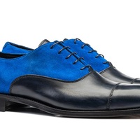 Oxford Blue Suede Black Genuine Leather Derby Cap Toe Handmade Lace Up Formal Shoes - Thumbnail 4