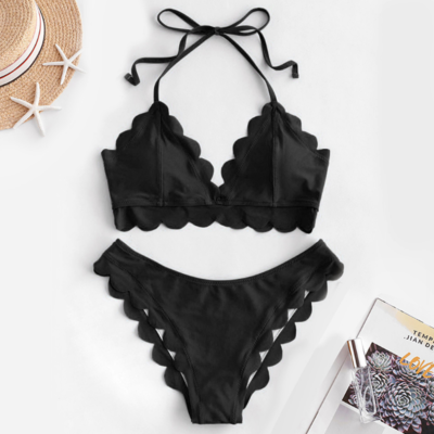 Scallop Trim Halter Padded Bikini Set