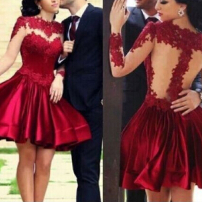 Stylish red stitching lace long-sleeved dress - Thumbnail 4