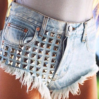 Denim Rivets Jeans Shorts - Thumbnail 1