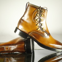 Men Fashion Elegant Tan Boots, Cross Lace Up Boot, Ankle Boot,Men's Boot,Dress Boot,Leather Boot - Thumbnail 1