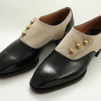 Handmade black & beige shoes, men's new cap toe button fashion leather suede shoes - Thumbnail 3