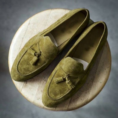Decent handmade olive green suede tassels loafers formal shoes