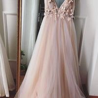 Princess A-Line V-neck Blue Tulle Long Prom Dresse Evening Dresses - Thumbnail 1