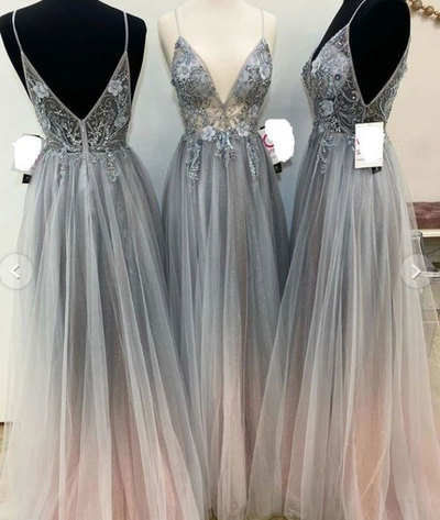 Spaghetti Straps Tulle Prom Dresses with Rhinestones