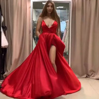 Spaghetti Straps Red Prom Dresses with Slit Side - Thumbnail 1