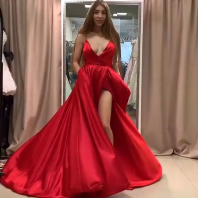 Spaghetti straps red prom dresses with slit side - Thumbnail 4