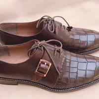Handmade Men Brown Textured Leather Monk Strap and Lace up Closure Dress Shoes - Thumbnail 1