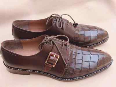 Handmade Men Brown Textured Leather Monk Strap and Lace up Closure Dress Shoes