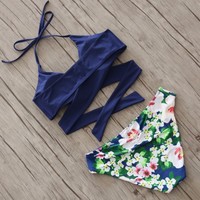 Cross Brazilian Bikini Set Women Swimsuit Push Up Swimwear Fall Floral Cross Criss Bikini Set Halter Bathing Suits Swim - Thumbnail 1