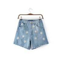 Spring Summer New Daisy Embroidery Bermuda Shorts Women Fashion High Waist Shorts Denim Short Jeans - Thumbnail 2