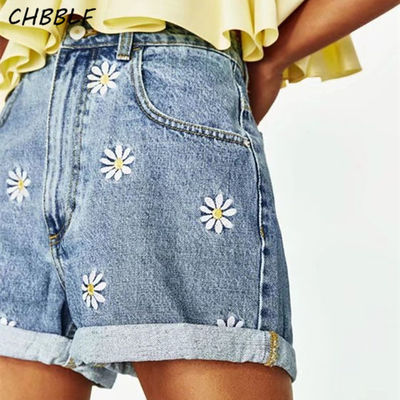 Spring Summer New Daisy Embroidery Bermuda Shorts Women Fashion High Waist Shorts Denim Short Jeans